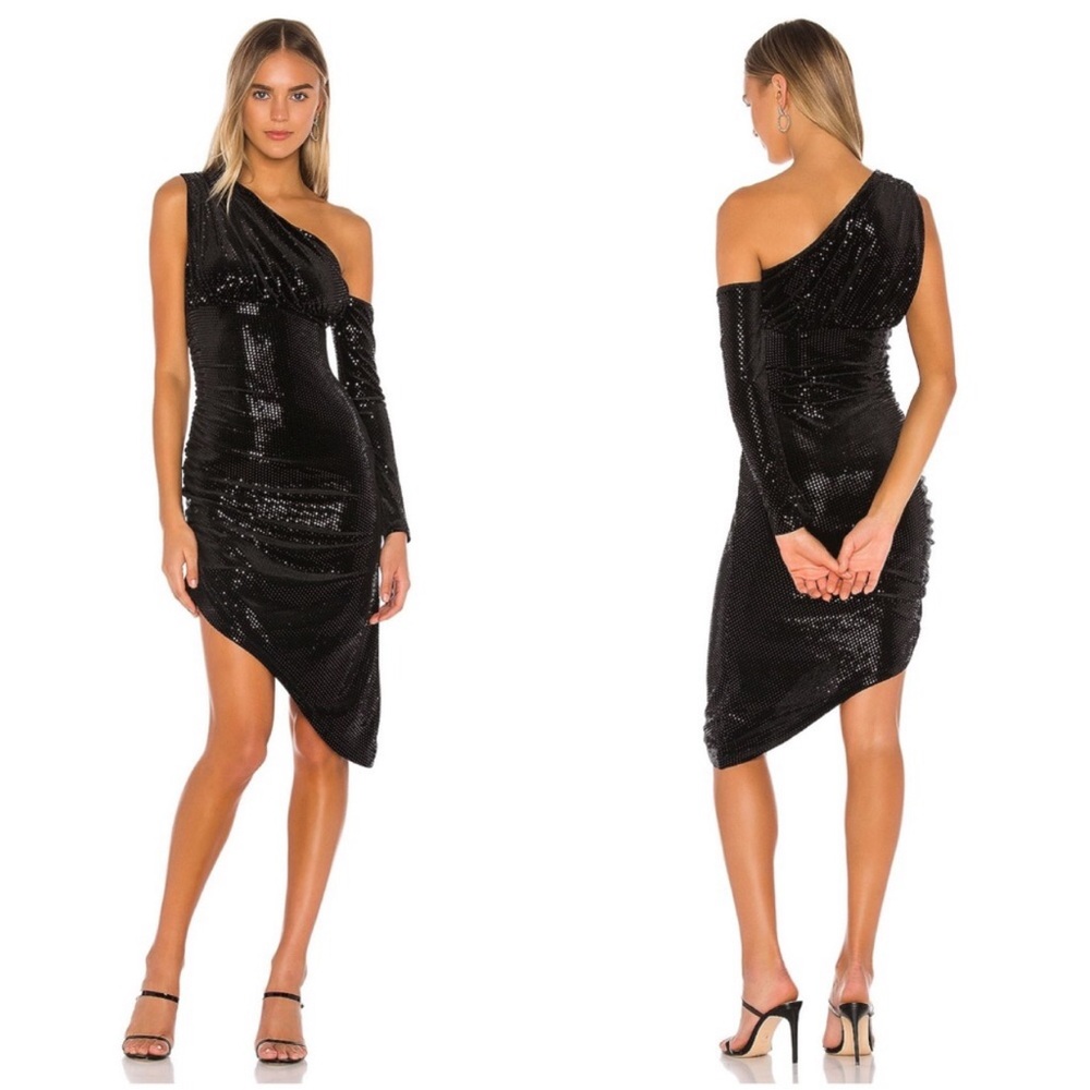 H:ours D seeing XS Maressa Sequin Velvet Dress One Shoulder Ruched Asymmetrical